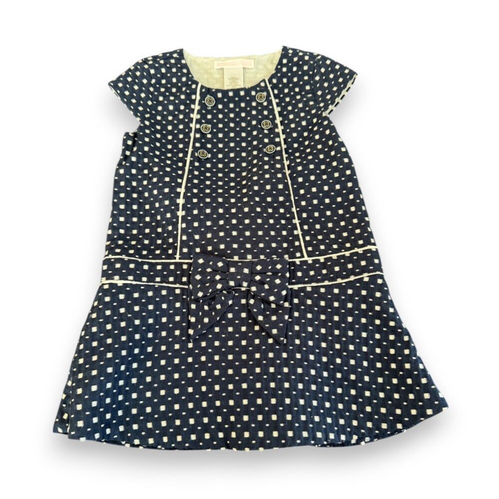 Janie and Jackie Navy/White Dress with Bow 12-18 Months VGUC